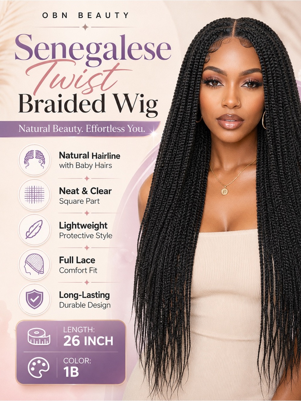 OBN Beauty 26” 1B Senegalese Twist Braided Lace-front wig